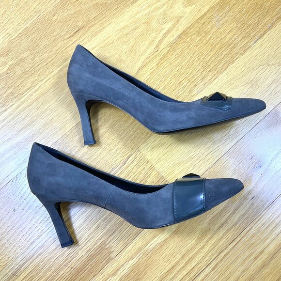 Tod’s Heels Pumps Suede Gray Mid Heel with Patent Leather Accent (37) - Picture 4 of 8